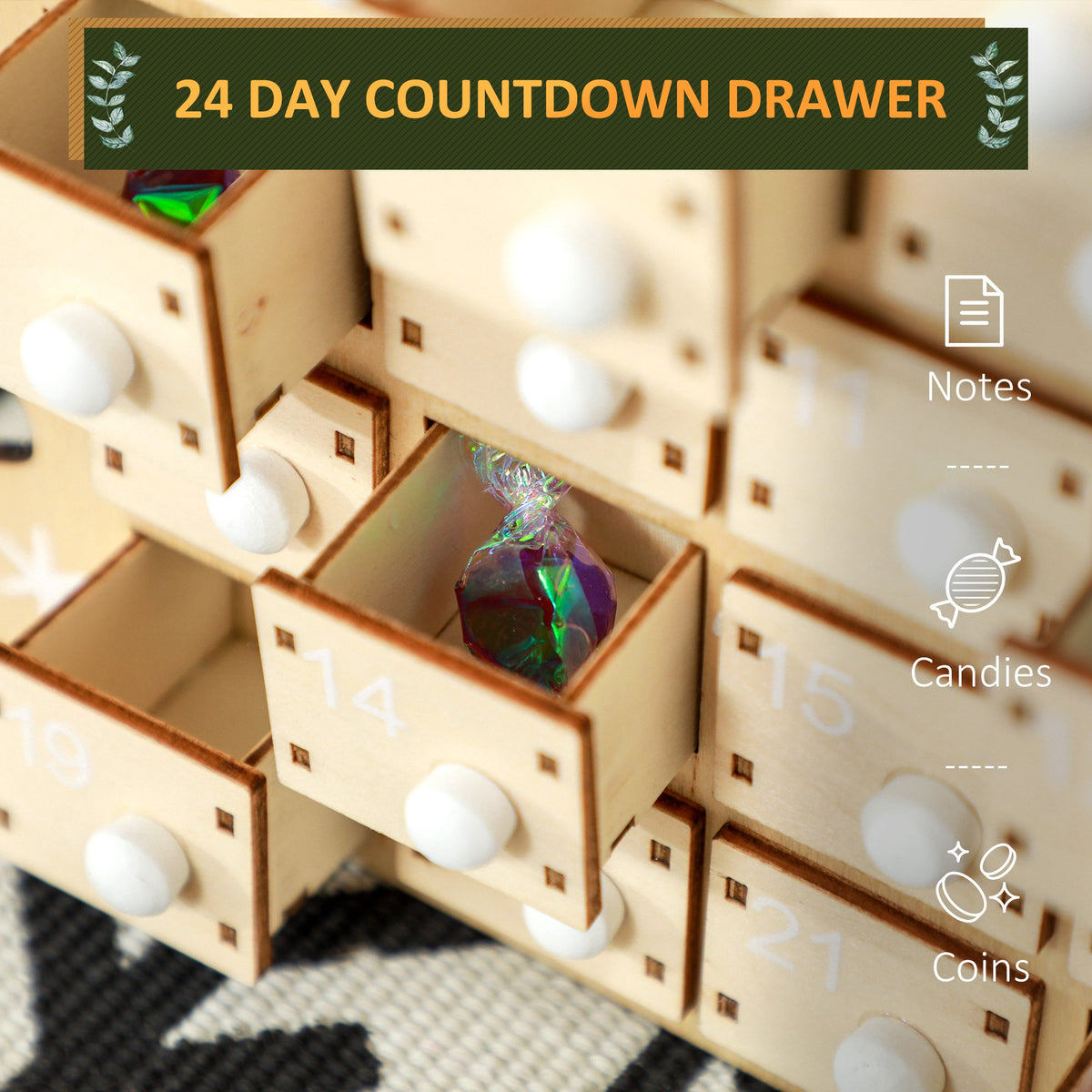 Wooden Christmas Advent Calendar with 24 Countdown Drawers, Santa Sleigh Holiday Decor, Natural