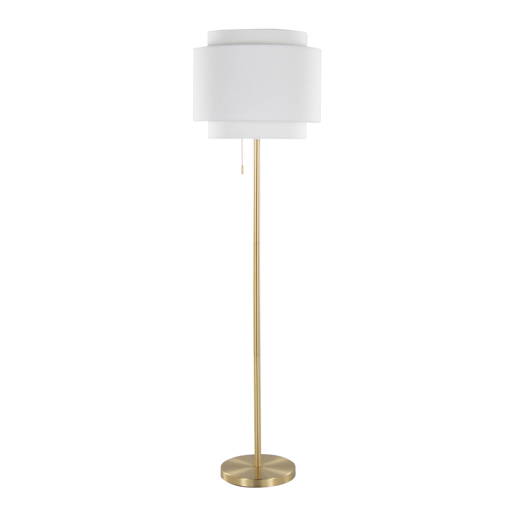 Gold Metal Floor Lamp With Tiered Off-White Linen Shade, 63.5 Inch Contemporary Standing Lamp