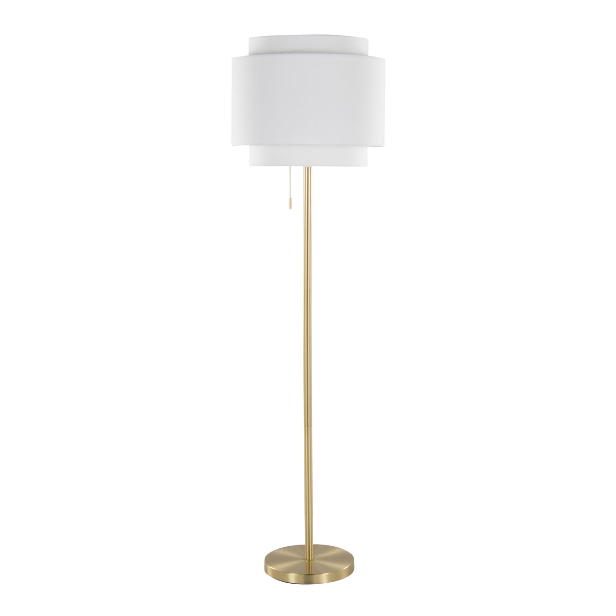 Gold Metal Floor Lamp With Tiered Off-White Linen Shade, 63.5 Inch Contemporary Standing Lamp