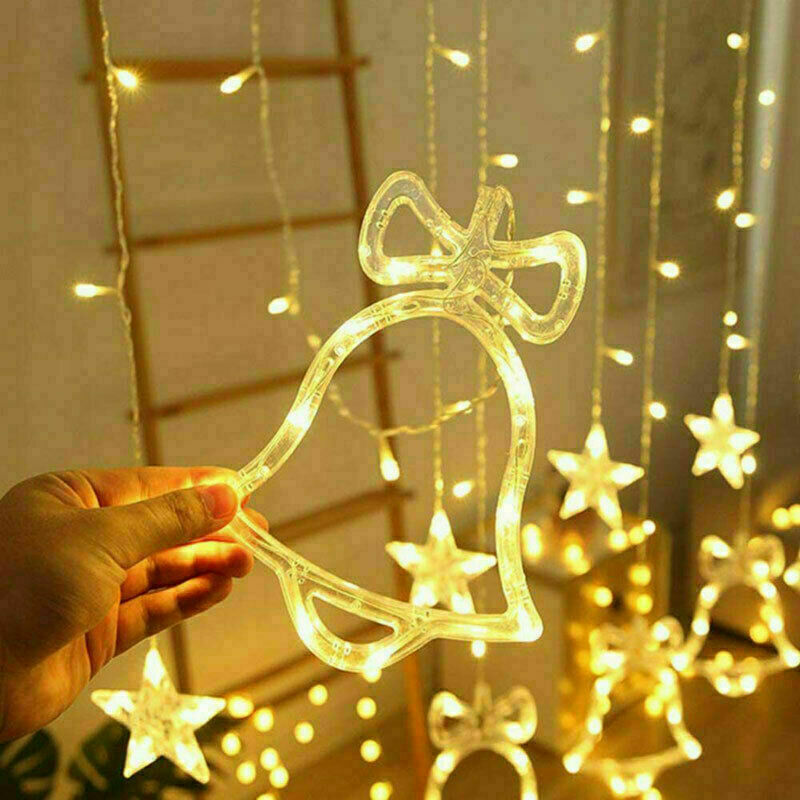 LED Christmas Curtain String Lights, Star Bell Tree and Reindeer Window Fairy Lights, Battery or USB Powered