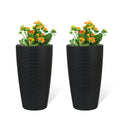 Self-Watering Tall Planters Set of 2, Black Faux Rattan 22 Inch Indoor Outdoor Flower Pots With Water Level Indicator