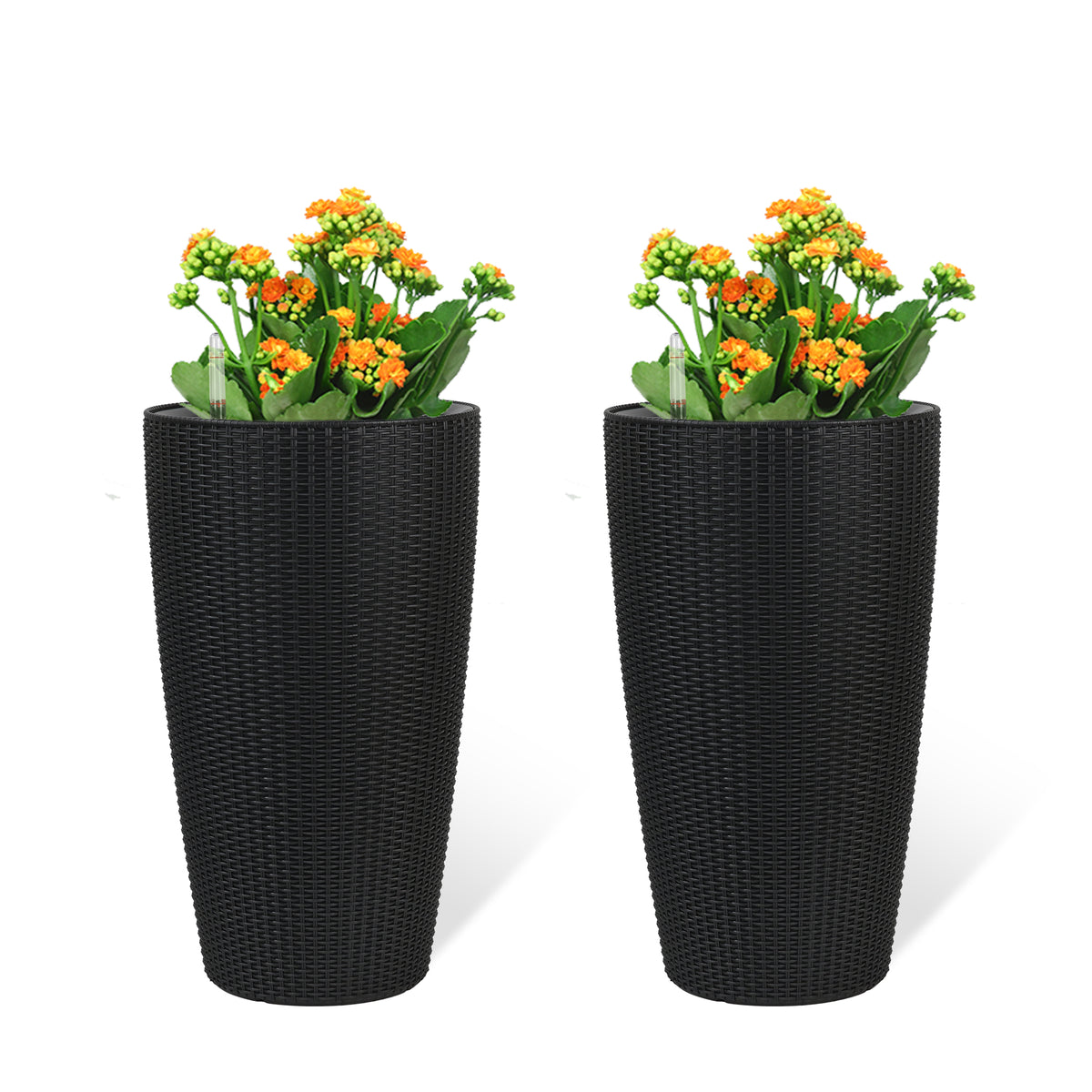 Self-Watering Tall Planters Set of 2, Black Faux Rattan 22 Inch Indoor Outdoor Flower Pots With Water Level Indicator