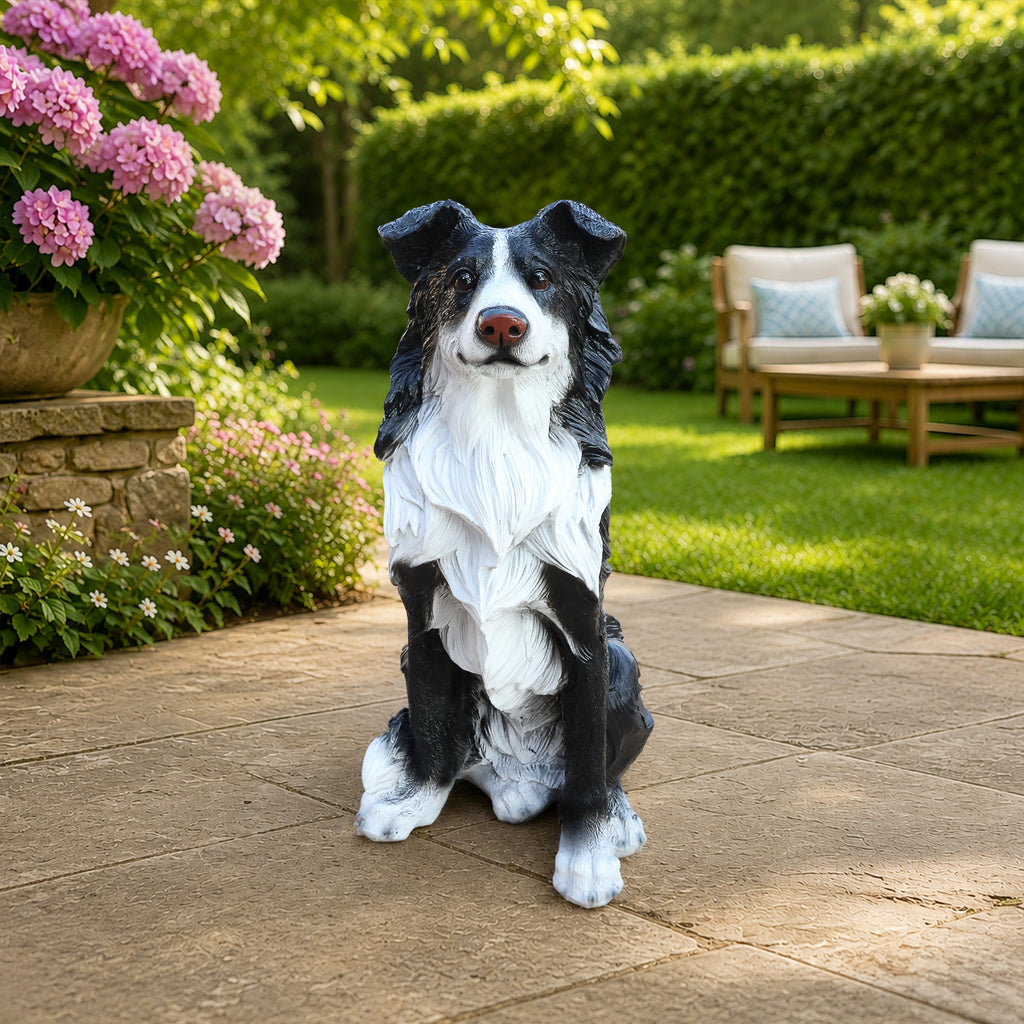 Border Collie Dog Statue, Black and White Resin Garden Greeter Sculpture, 17 in Tall Indoor Outdoor Decor