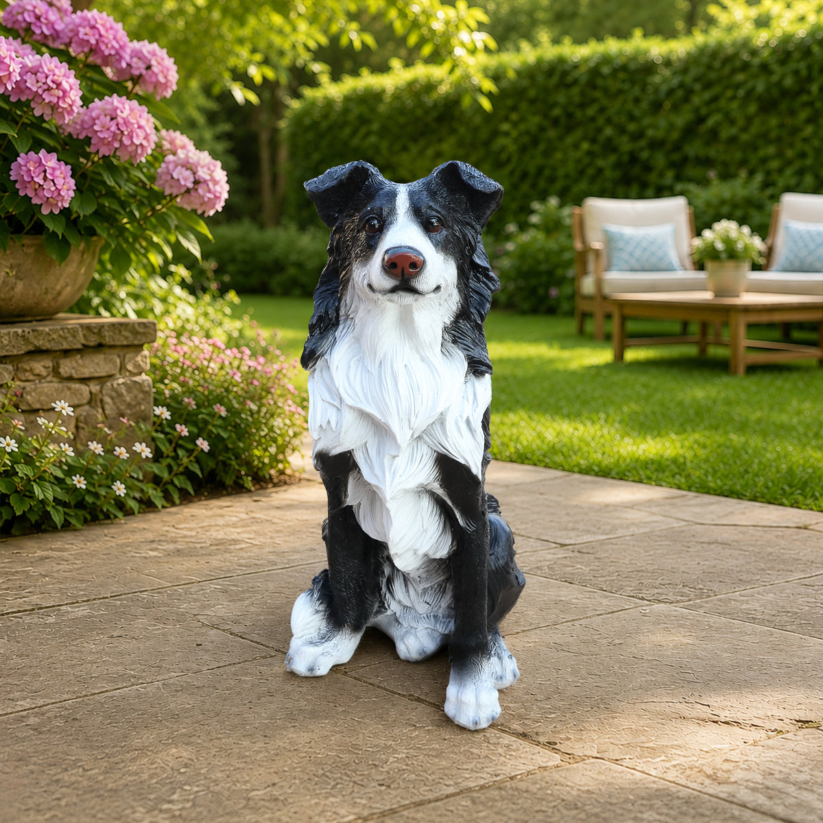 Border Collie Dog Statue, Black and White Resin Garden Greeter Sculpture, 17 in Tall Indoor Outdoor Decor