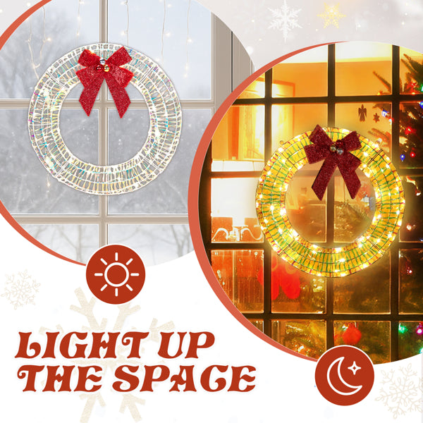 24 in Pre-Lit Christmas Wreath, Iridescent Metal Frame With Red Bow and 84 Warm White LED Lights, Indoor Outdoor Door Decor