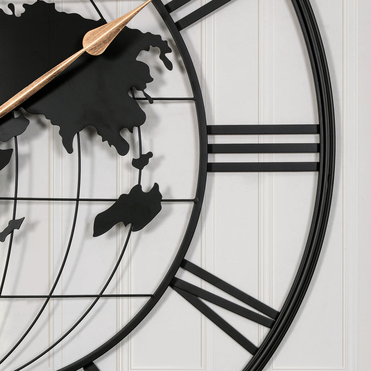 36 Inch Large Metal Wall Clock, Black World Map Design With Gold Hands, Oversized Roman Numeral Decor for Living Room
