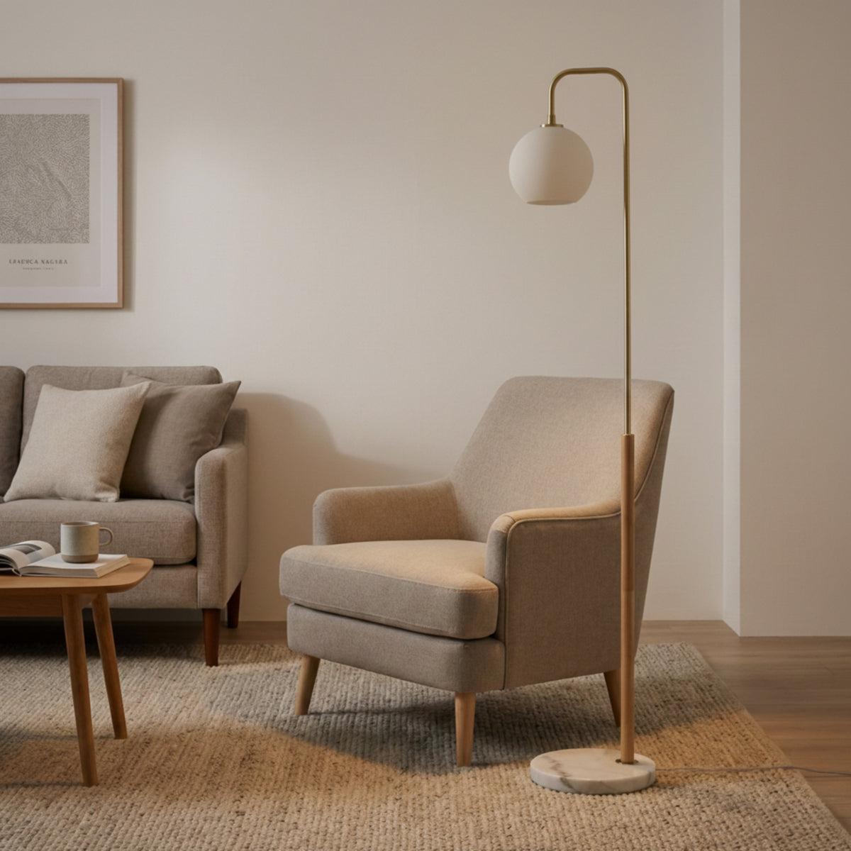 Tall Corner Floor Lamp With White Glass Globe Shade, 63-Inch Marble Base Standing Light for Living Room, Bedroom and Office
