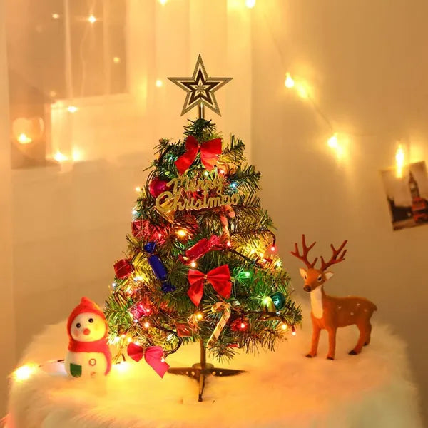 Mini Christmas Tree, 24 Inch Tabletop Artificial Tree With LED Lights and Ornaments, Green Indoor Holiday Decor
