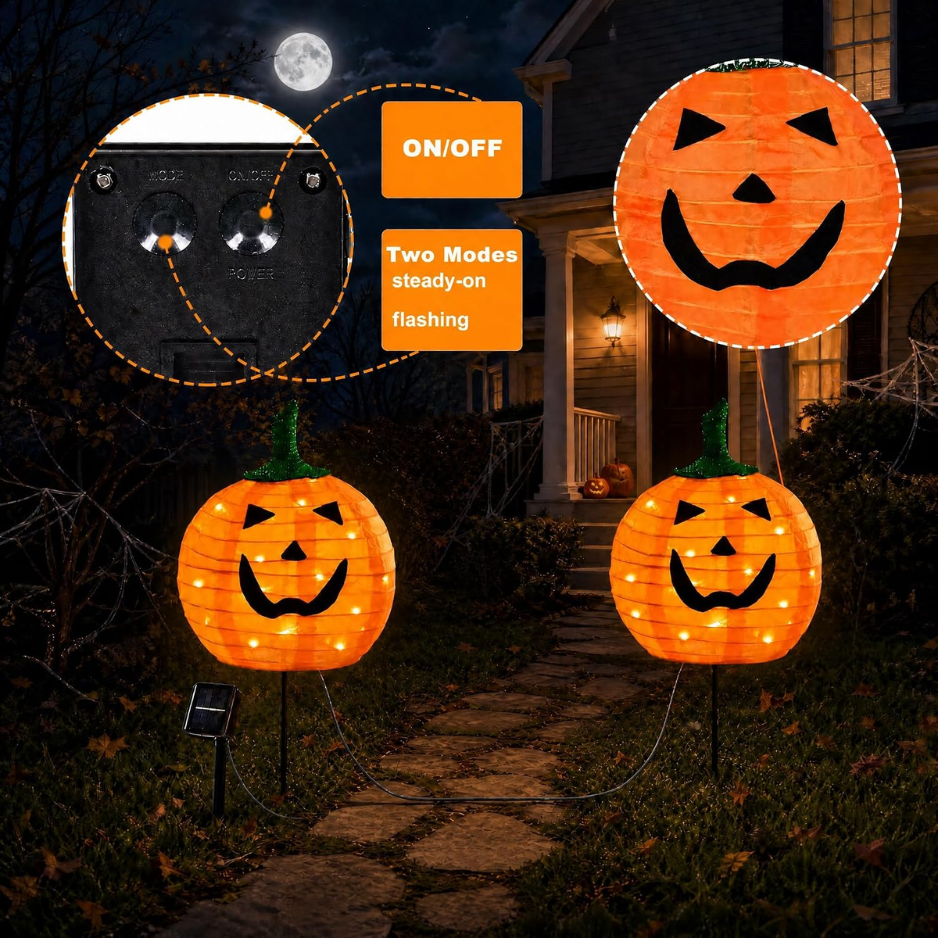 Solar Halloween Pumpkin Stake Lights, 2 Pack 12 Inch LED Jack O Lantern Outdoor Pathway Decorations, Orange