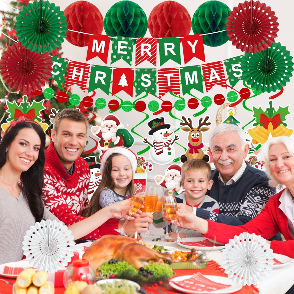 Christmas Party Decoration Set, 25 Pieces, Merry Christmas Banner With Paper Fans, Honeycomb Balls, Swirls and Dot Garland in Red, Green and White