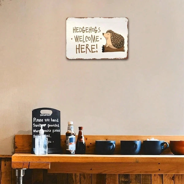 Hedgehog Welcome Here Metal Tin Sign, Distressed Garden Wall Decor for Porch, Fence or Yard