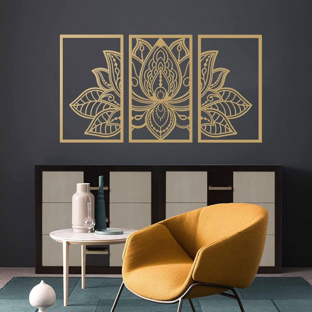 Gold Lotus Mandala Metal Wall Art, 3 Piece Boho Wall Decor Set for Living Room and Bedroom