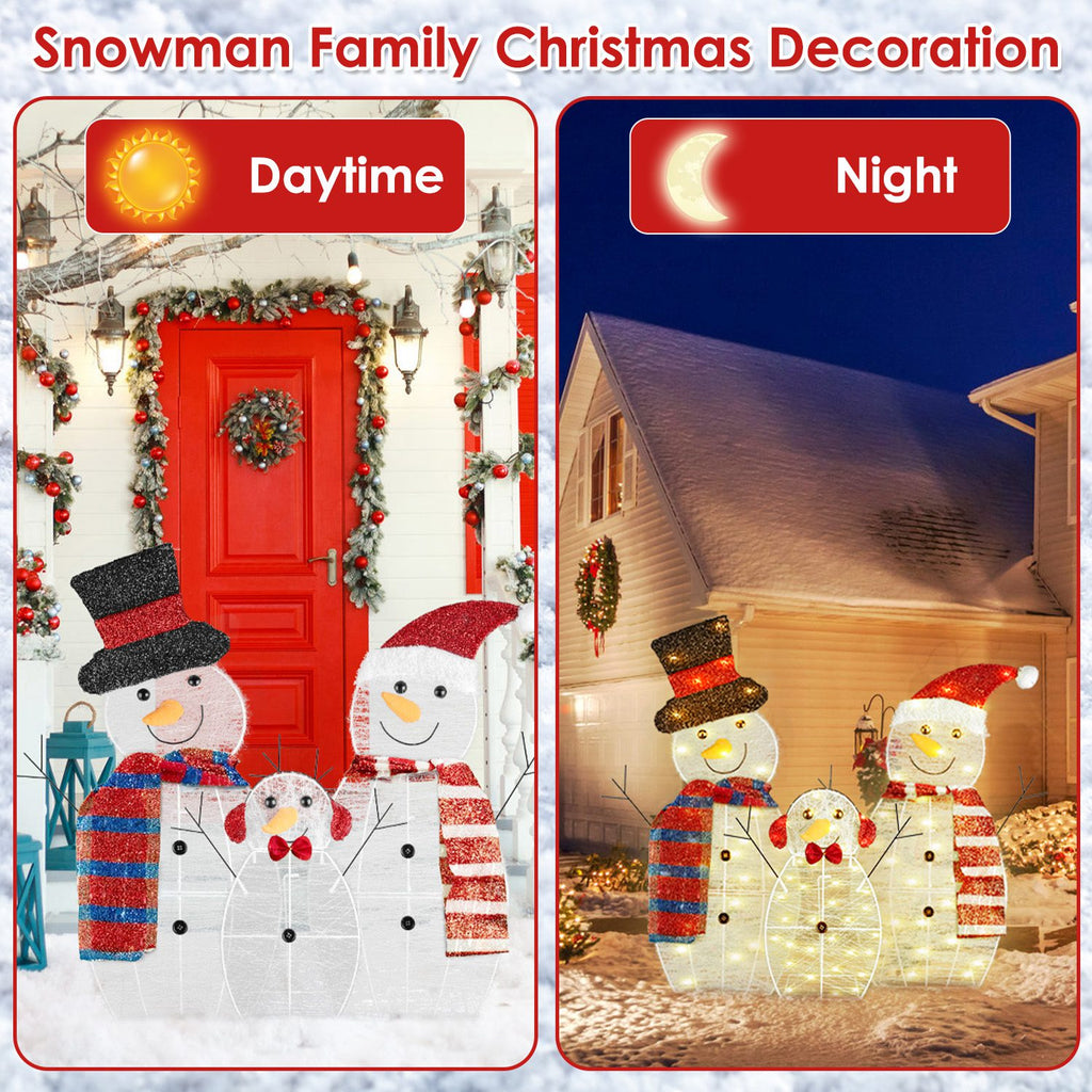 Lighted Snowman Family Yard Decoration, 3 Piece 2D Christmas Snowmen With 60 Warm White LED Lights, Indoor Outdoor Display
