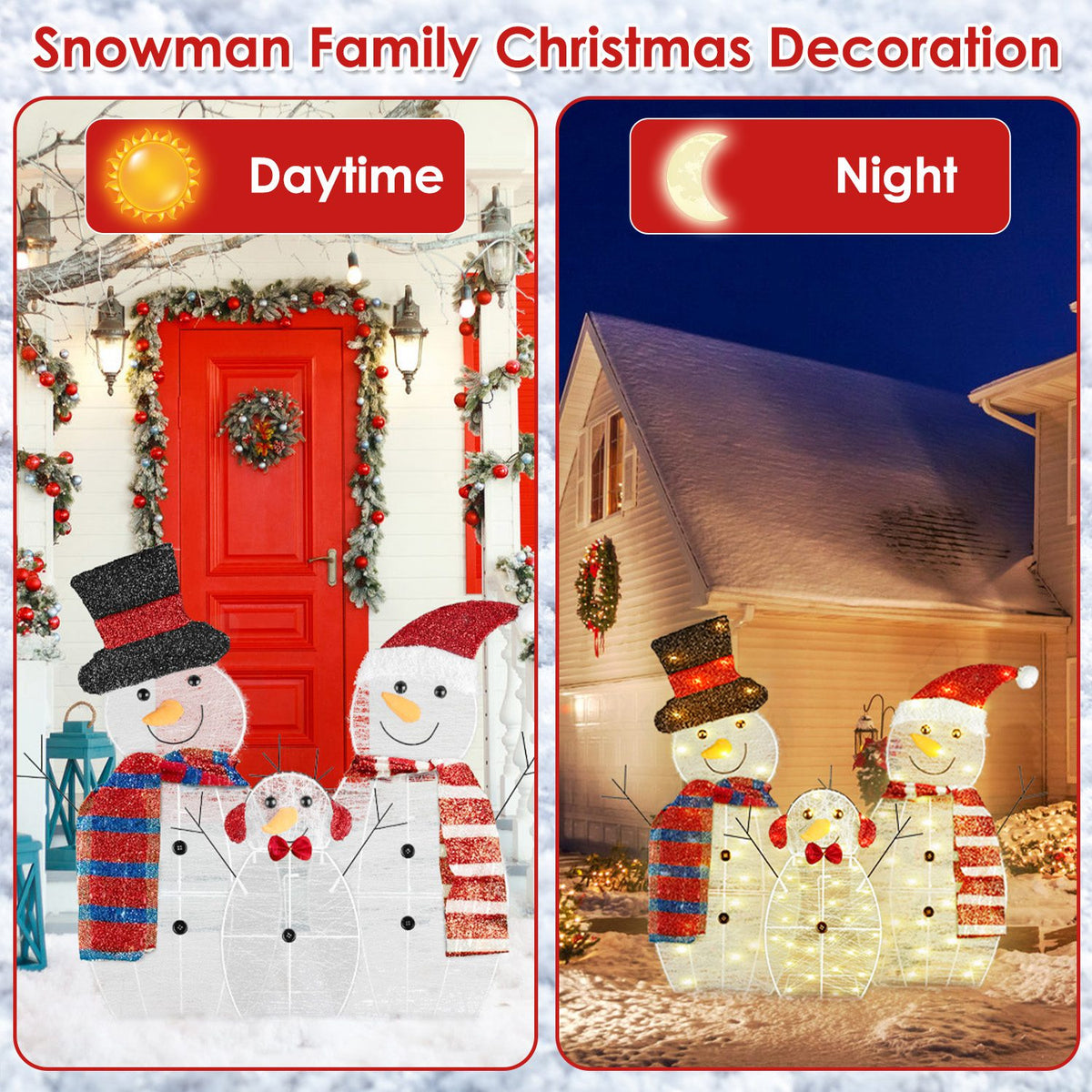 Lighted Snowman Family Yard Decoration, 3 Piece 2D Christmas Snowmen With 60 Warm White LED Lights, Indoor Outdoor Display