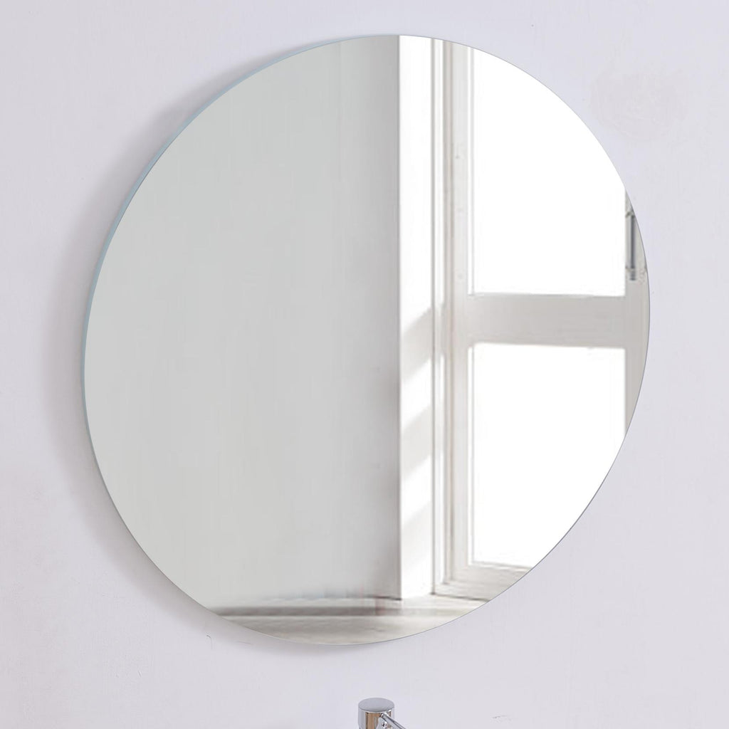 Round Wall Mirror, 31.5 In. Frameless Bathroom and Entryway Mirror in Antique Silver