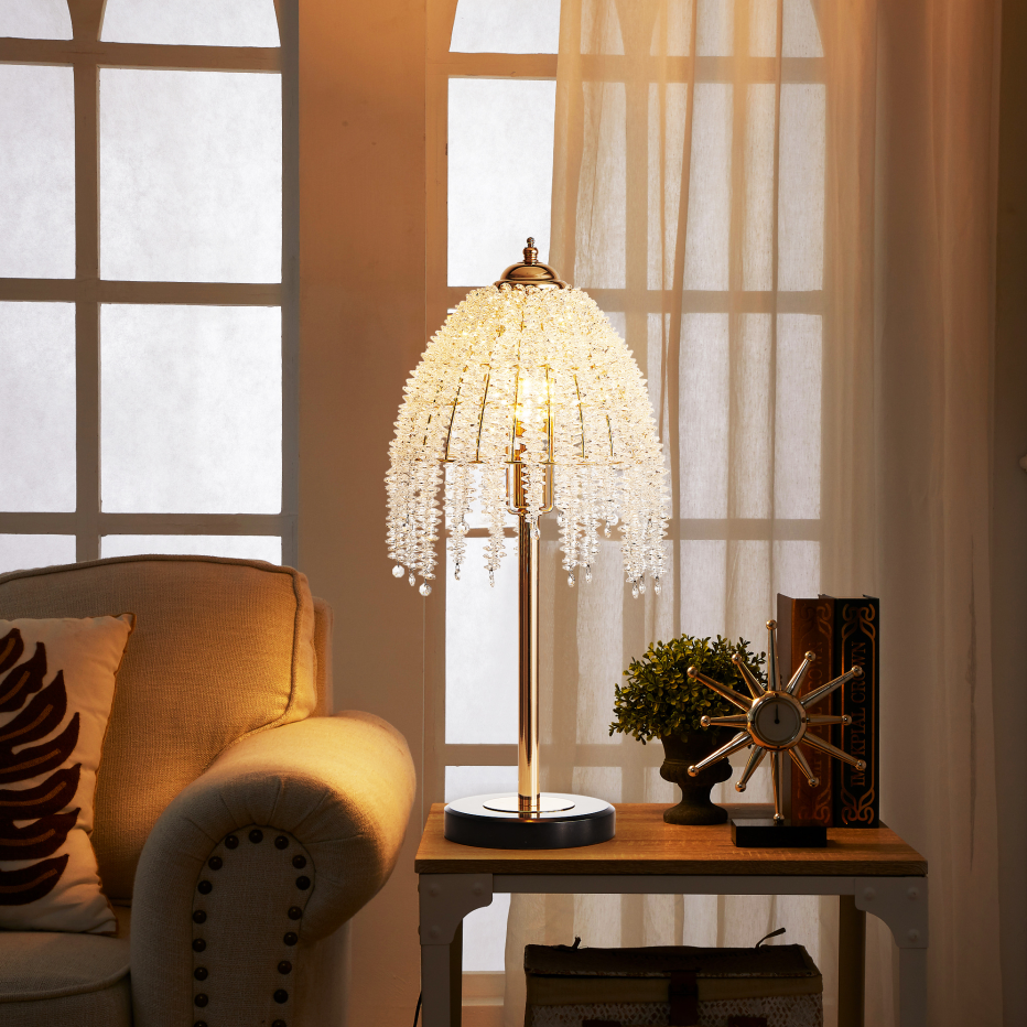 Crystal Table Lamp 19" Gold Waterfall Beaded Shade Nightstand Lamp With Marble Textured Base