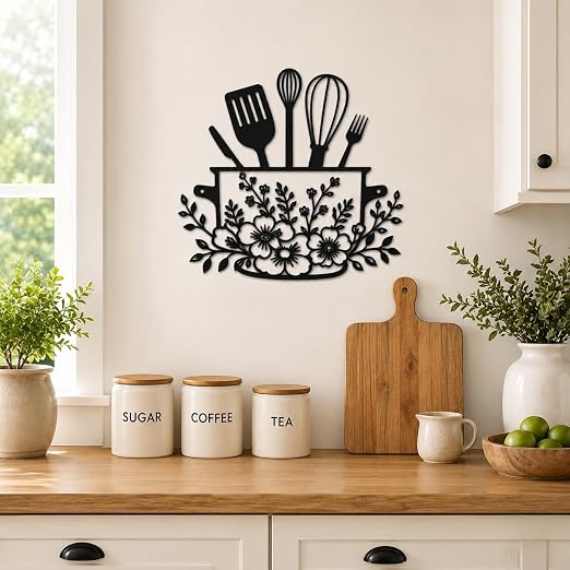 Farmhouse Metal Kitchen Wall Decor, Black Floral Utensil Wall Art, 11.3" x 11.4" Rustic Hanging Sign for Dining Room and Coffee Bar