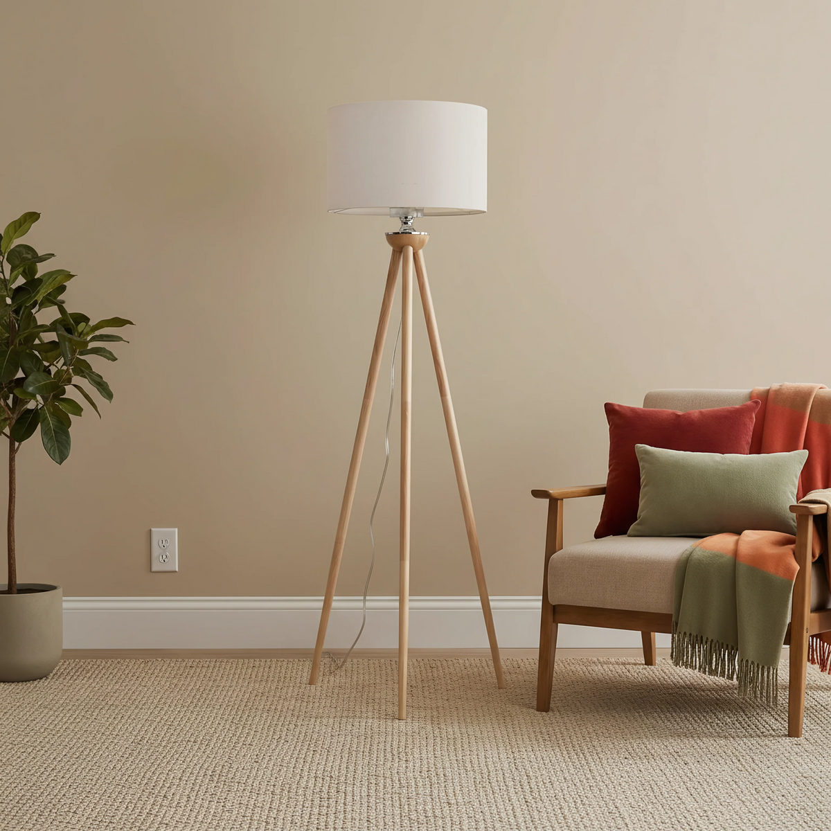 Wooden Tripod Floor Lamp, 58 in. Tall Corner Standing Light With Drum Shade for Living Room, Bedroom and Office, Natural