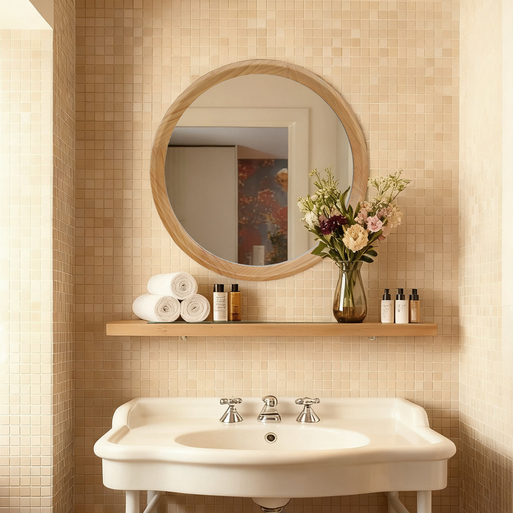 Round Wood Wall Mirror, 23.62 Inch Natural Light Oak Frame Decorative Mirror for Bathroom Vanity, Entryway and Living Room