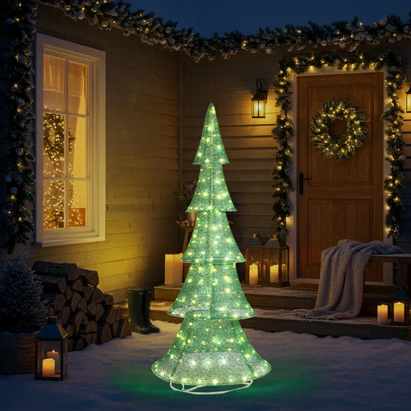 6 Ft Pre-Lit Pull Up Christmas Tree, 200 Warm White LED Lights, Green Glitter Fabric Indoor Outdoor Yard Decoration