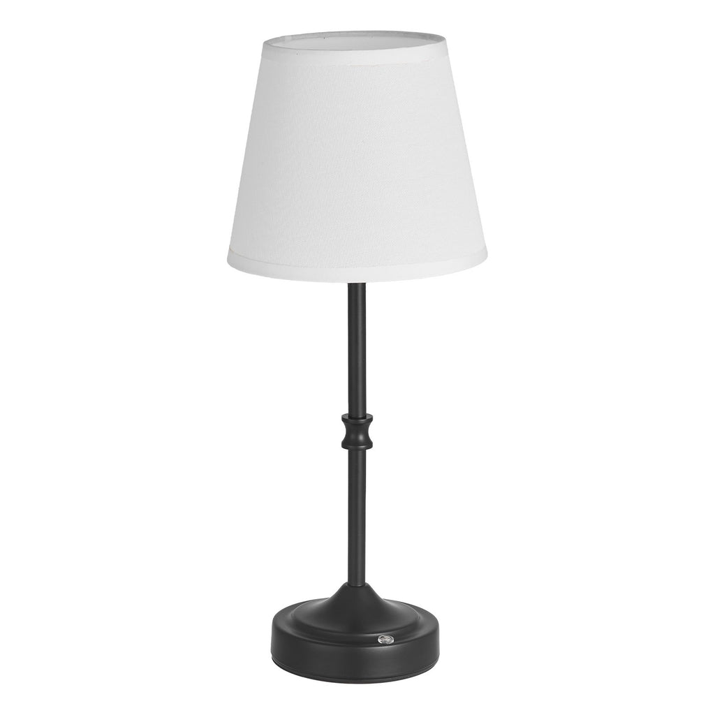 Cordless Table Lamp With Rechargeable Battery, Black Metal Base, White Fabric Shade, 3 Brightness Levels