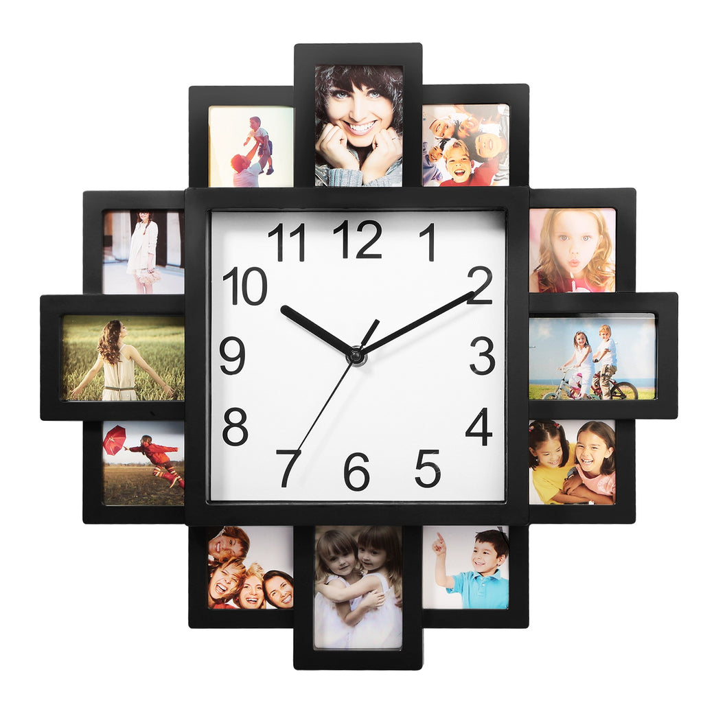 Photo Frame Wall Clock With 12 Picture Collage Openings, Black ABS, 15.35 In Square Family Photo Display