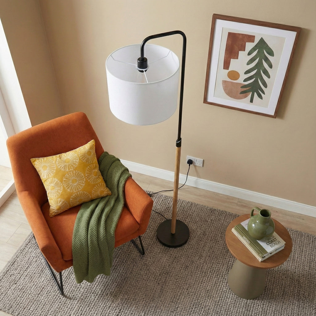 Arc Floor Lamp With White Cylinder Shade, Black Metal and Wood-Look Pole, 59" Standing Reading Light