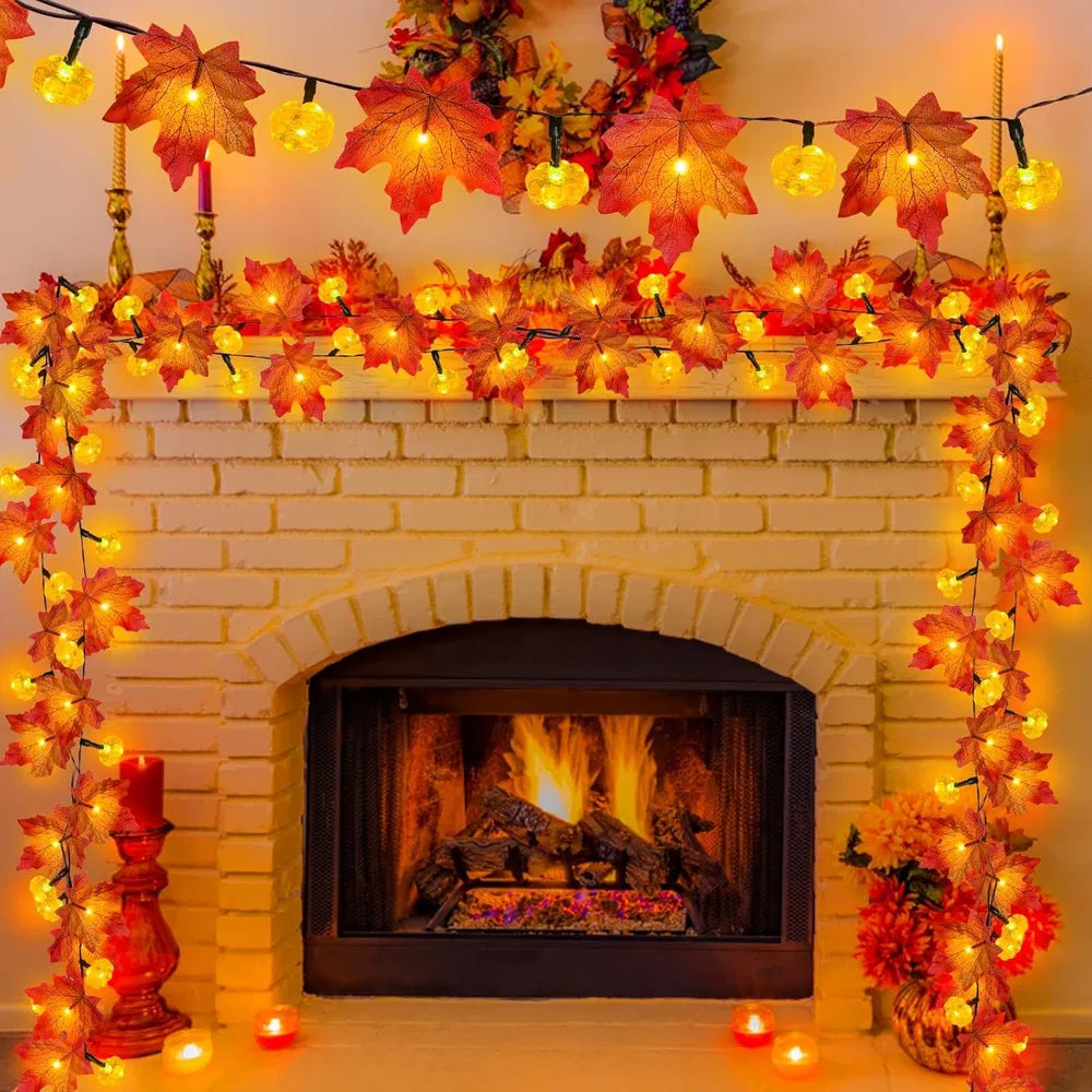 Fall Maple Leaf Garland String Lights, 3 Pack, 30 Ft, 60 Warm White LEDs, Battery Operated With Timer, Indoor and Outdoor Autumn Decor