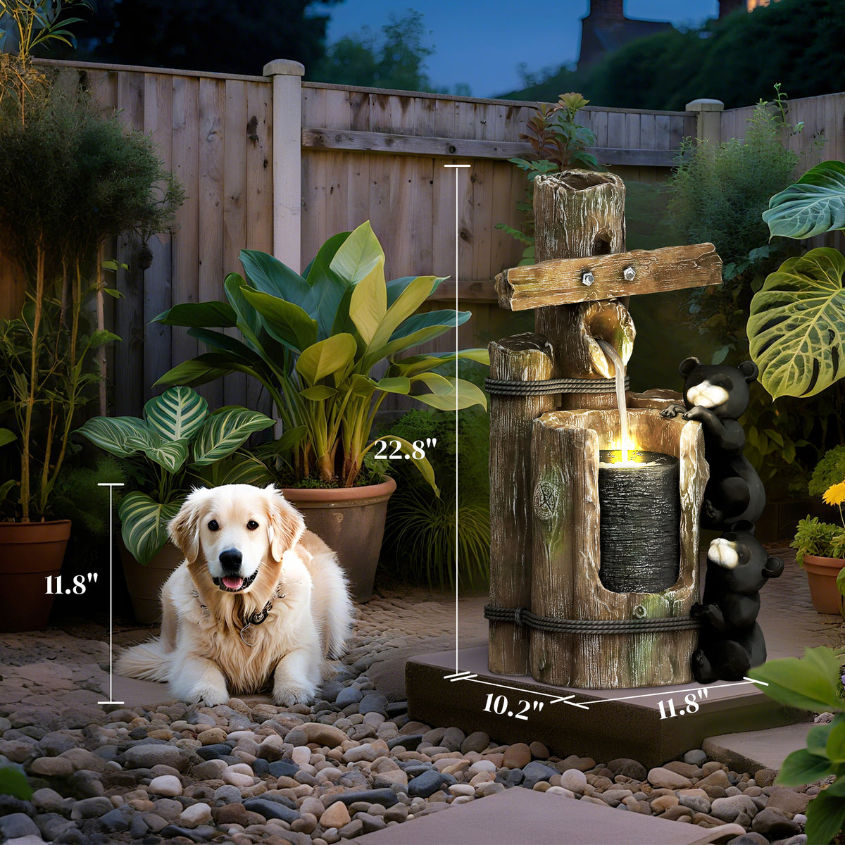 3-Tier Outdoor Water Fountain, 22.8" Resin Climbing Bears Log Waterfall with LED Lights and Pump, Brown
