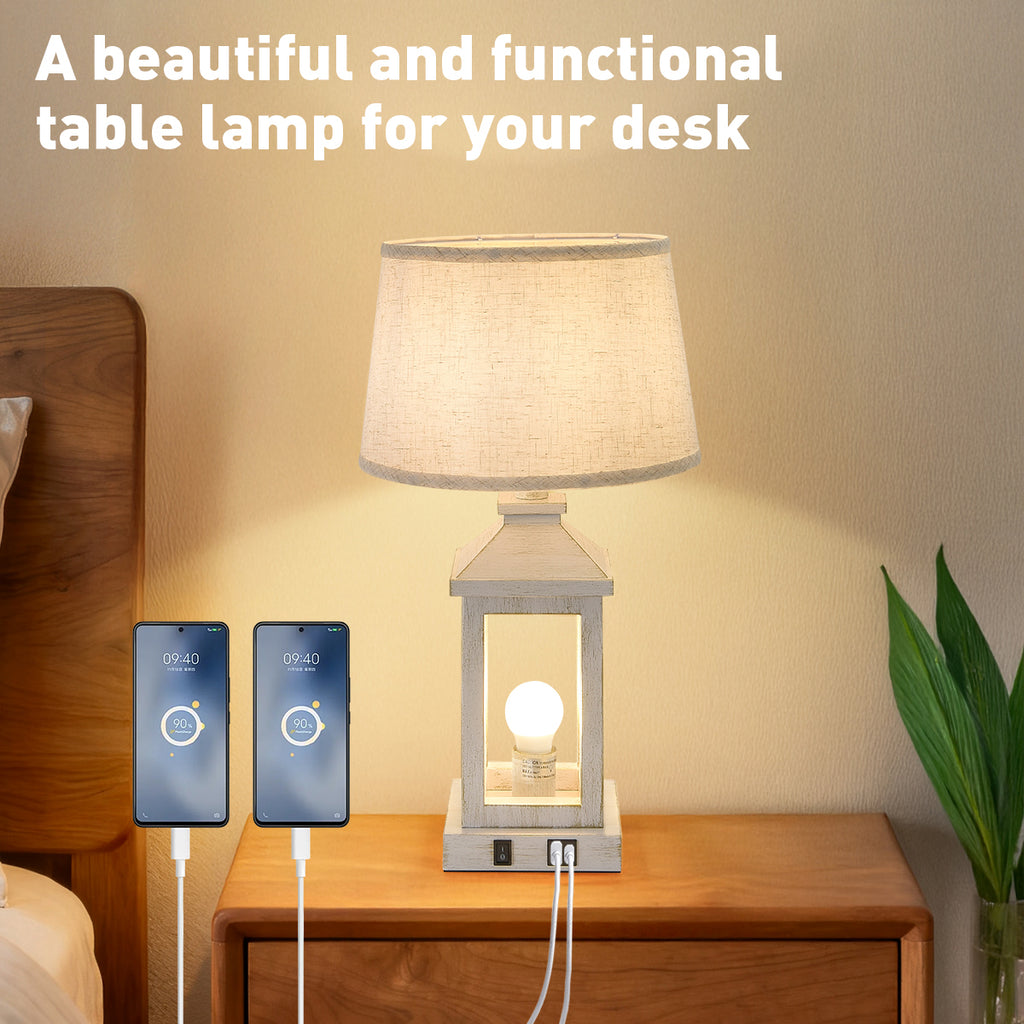 Farmhouse Table Lamps Set of 2, 20.5 In White Lantern Nightstand Lamps With USB C and A Ports, AC Outlet and Linen Shade