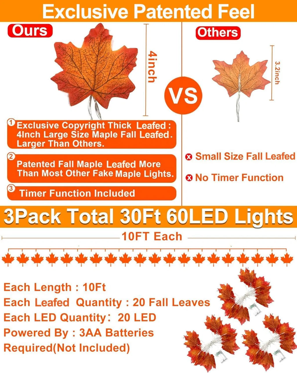 Fall Maple Leaf Garland String Lights, 3 Pack, 30 Ft, 60 Warm White LEDs, Battery Operated With Timer, Indoor and Outdoor Autumn Decor