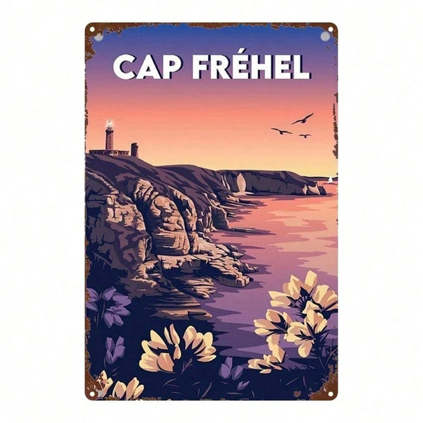Cap Fréhel Lighthouse Metal Wall Sign, Vintage French Coastal Sunset Art for Home, Bar, Café or Garage