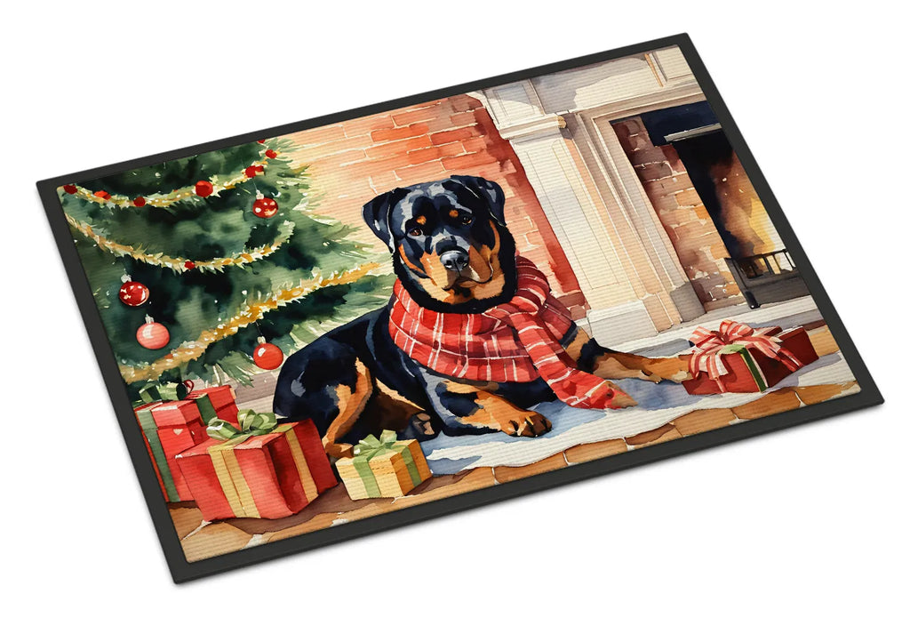 Rottweiler Christmas Doormat, 24 x 36 Inch Non Slip Indoor Outdoor Entryway Mat with Holiday Dog Artwork