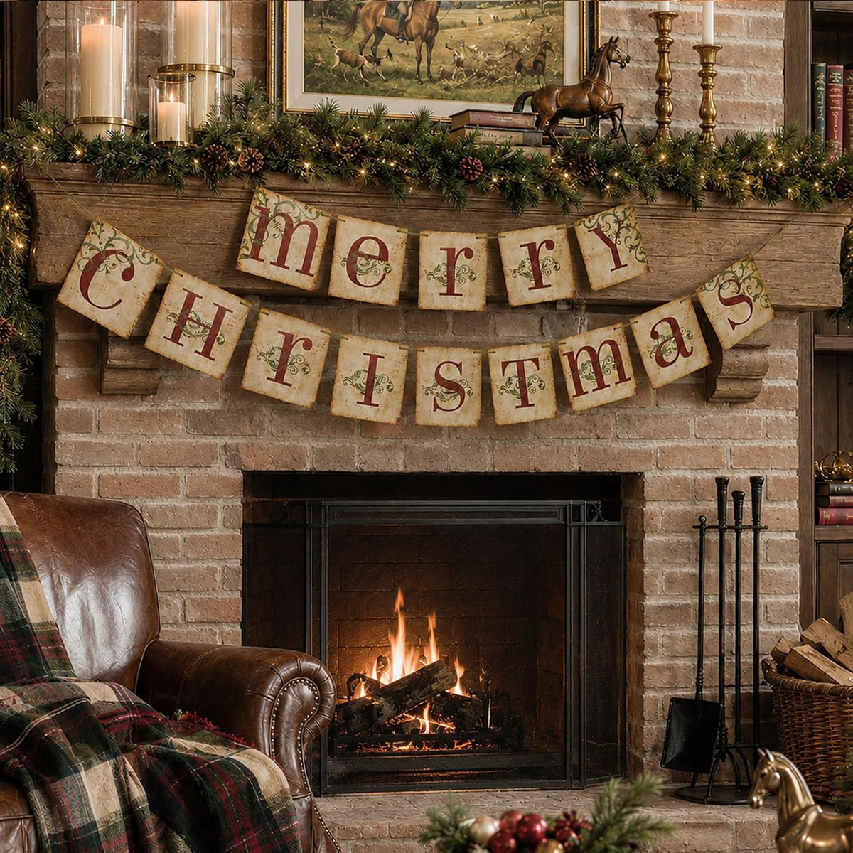 Vintage Merry Christmas Banner, Rustic Distressed Paperboard Holiday Garland for Fireplace, Mantel, and Wall Decor