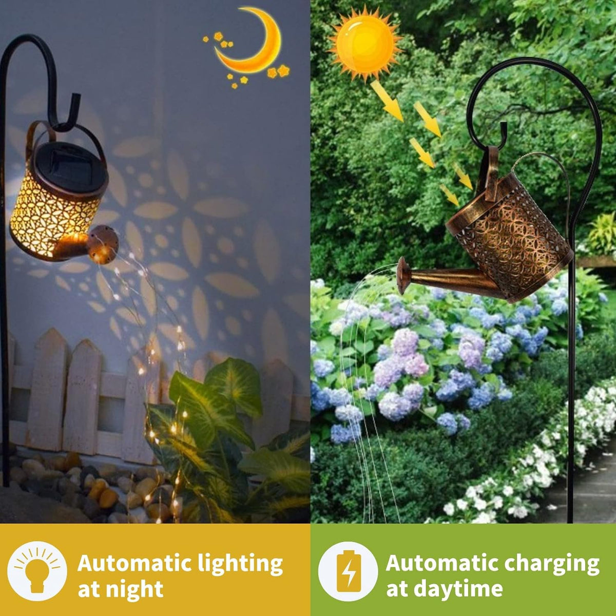 Solar Watering Can String Lights, 2 Pack Hanging Garden Lanterns With Shepherd Stakes, Warm White LED Outdoor Decor