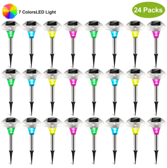 Solar Garden Lights 24 Pack, Color Changing Outdoor Pathway Lights, IP44 Waterproof Stainless Steel Landscape Lamps