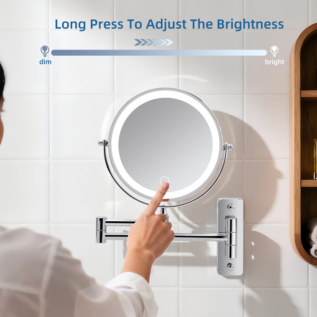 Wall Mounted Lighted Makeup Mirror, 8 Inch Double Sided 1X/10X Magnifying Vanity Mirror, Rechargeable, 3 Color Lights, Chrome