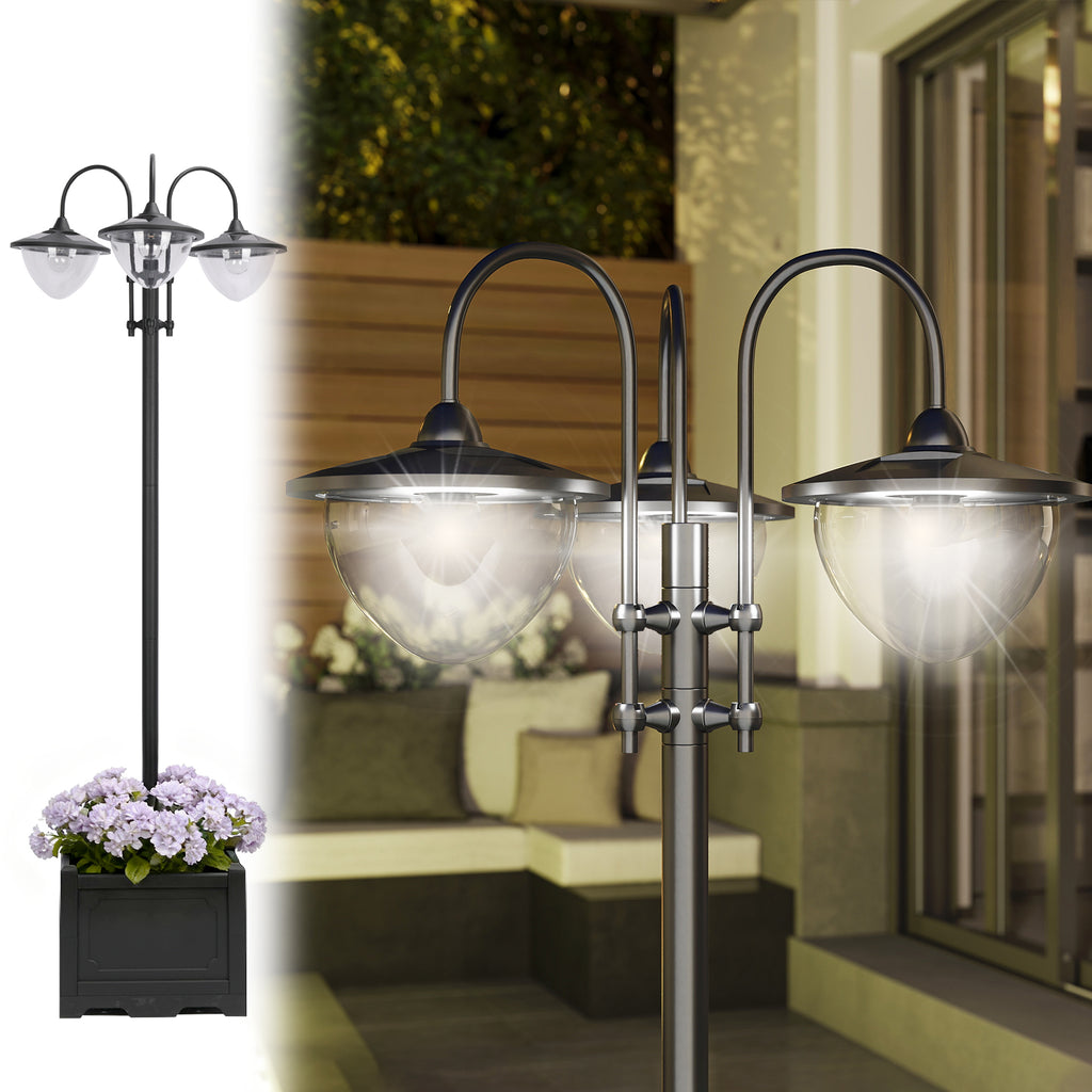 Solar Lamp Post Light with Planter Base, 74.5" 3-Head Black Outdoor LED Pole Light for Driveway, Patio, Garden and Pathway