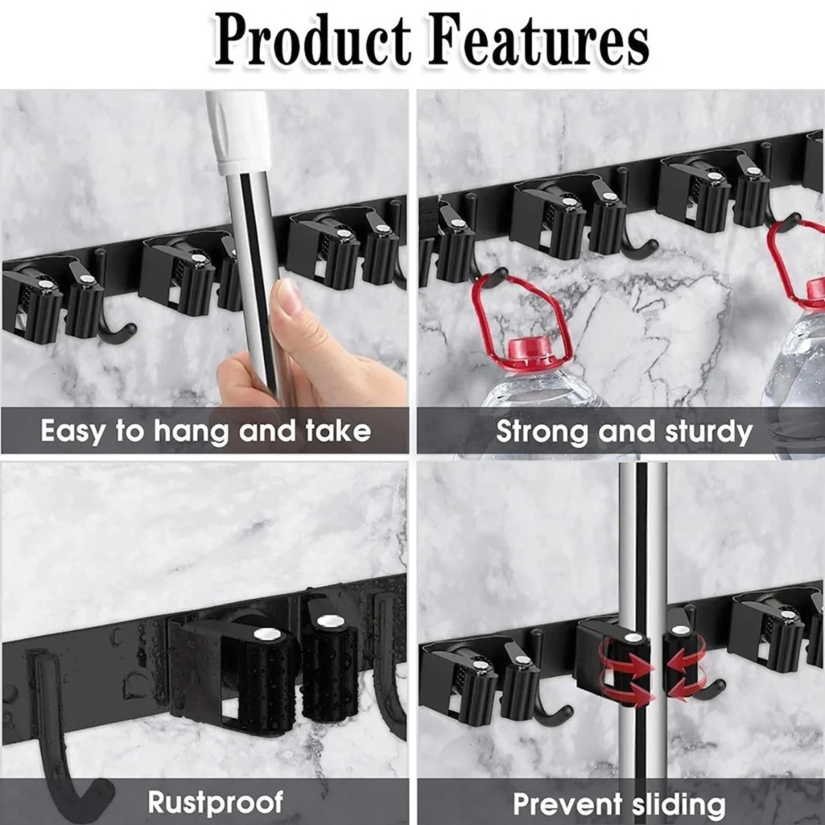 Broom and Mop Holder Wall Mount, Black Stainless Steel Garden Tool Organizer with 5 Slots and 4 Hooks, 17 in