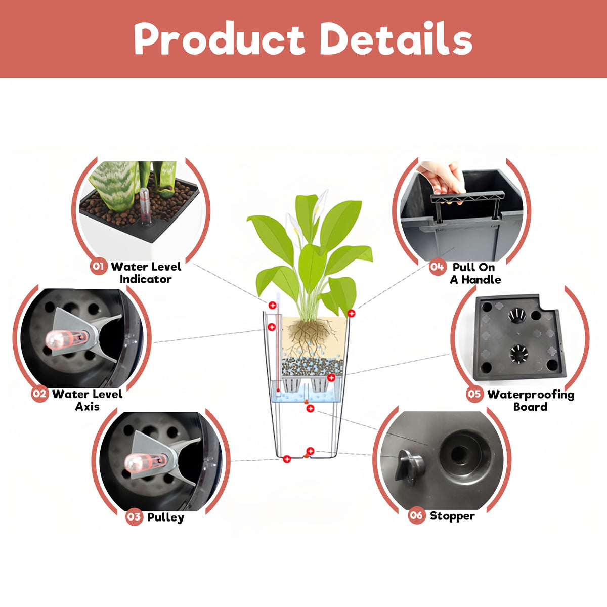 30 In Tall Self-Watering Planter, White Square Polypropylene Plant Pot With Water Level Monitor and Inner Bucket
