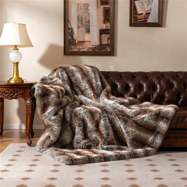 Faux Fur Throw Blanket, 60" x 80" Brown Taupe Fox Fur Blanket With Reversible Fleece Lining