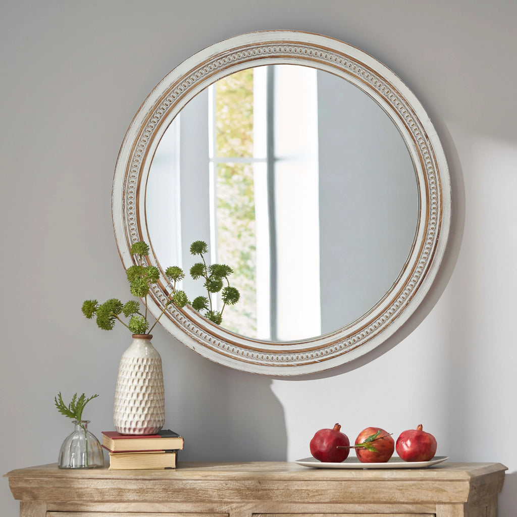 Vintage Round Wall Mirror, 23.62" Distressed White Beaded Frame Mirror for Bathroom, Living Room and Entryway