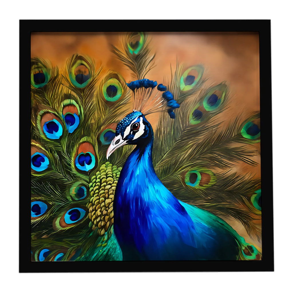 Peacock Framed Metal Wall Art, 8x8 Square Aluminum Print, Black Frame, Ready to Hang Decor
