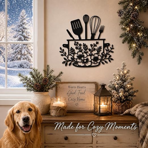 Farmhouse Metal Kitchen Wall Decor, Black Floral Utensil Wall Art, 11.3" x 11.4" Rustic Hanging Sign for Dining Room and Coffee Bar