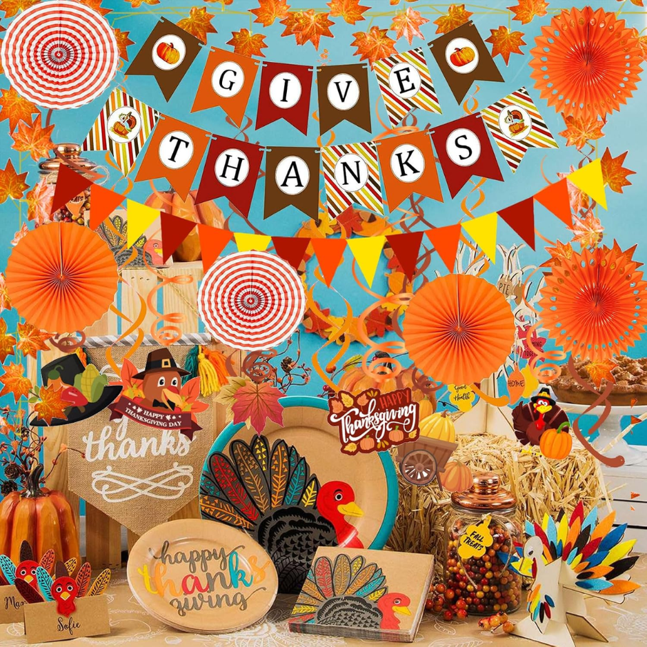 Thanksgiving Party Decoration Set, Give Thanks Banner, Paper Fans, Maple Leaf Garlands, Swirl Streamers and Triangle Bunting