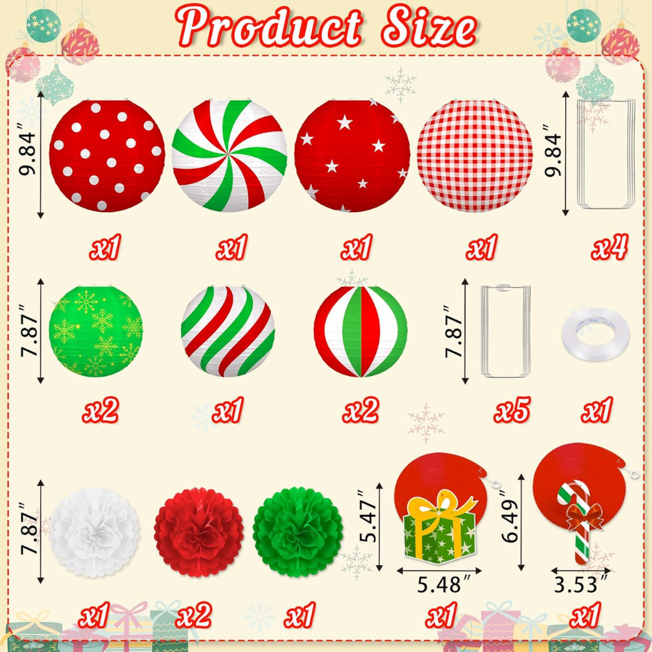 Christmas Paper Lantern and Pom Pom Set, 15 Piece Red White Green Hanging Holiday Decorations with Swirls