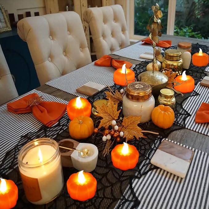 Pumpkin LED Tea Lights, 12 Pack Flameless Flickering Candles for Halloween, Fall and Thanksgiving Decor, Orange