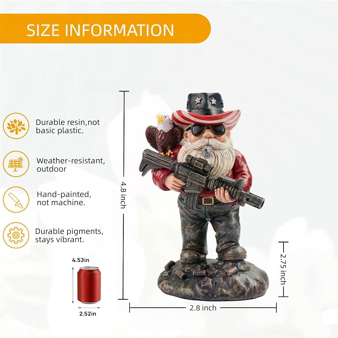 Military Gnome Figurine 4.8 Inch Resin Garden Statue, Patriotic Soldier Tabletop Decoration