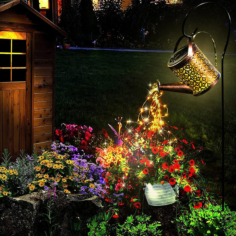 Solar Watering Can Lights With Cascading String Lights, 2 Pack Metal Garden Stake Lanterns