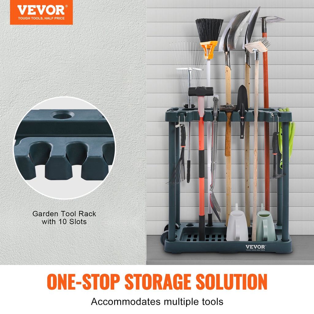 Garden Tool Organizer Rack With 10 Slots, Dark Green Rolling Yard Tool Tower for Garage, Shed, and Outdoor Storage
